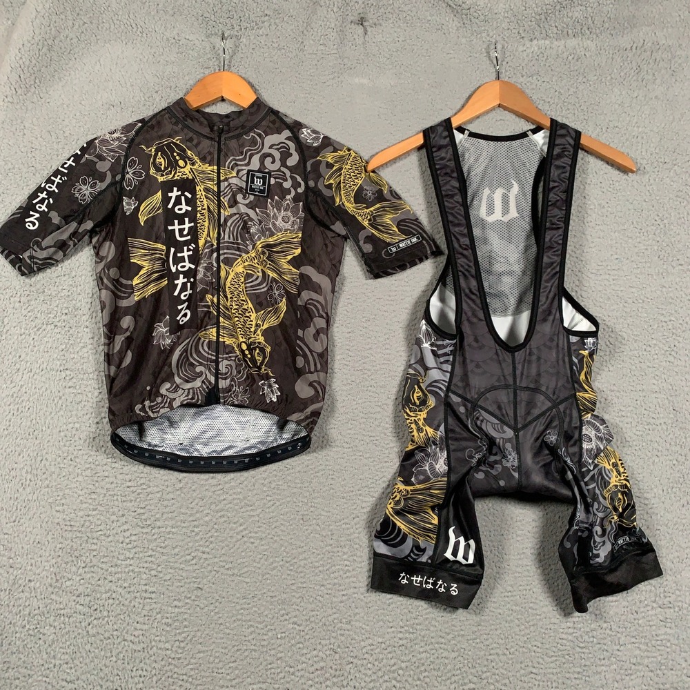 Wattie Ink Koi Pond Cycling Kit Jersey Bib Set Men's Small S Black Gold Japanese